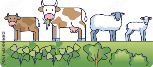 Illustration of cows and sheep grazing on pasture, symbolizing sustainable farming.