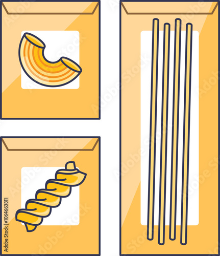 Illustration of pasta varieties in packaging: macaroni, spaghetti, fusilli.