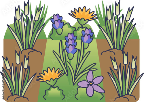 Illustration of diverse flowers and grasses symbolizing pollinator-friendly habitats.