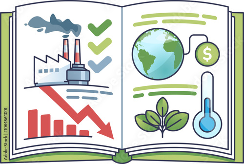 Illustration of environmental impact with factory, globe, and declining graph.