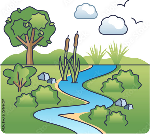 Illustration of a riparian buffer with trees, shrubs, a stream, and cattails.