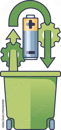 Battery recycling concept with arrows and gears symbolizing resource recovery.