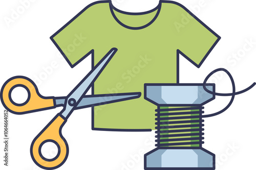 A green shirt, scissors, and thread symbolize textile recycling and upcycling.
