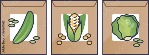 Illustrated seed packets for cucumber, corn, and lettuce, symbolizing growth and gardening.