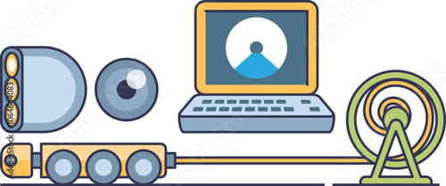 Illustration of sewer inspection camera equipment with monitor, camera, and cable reel.