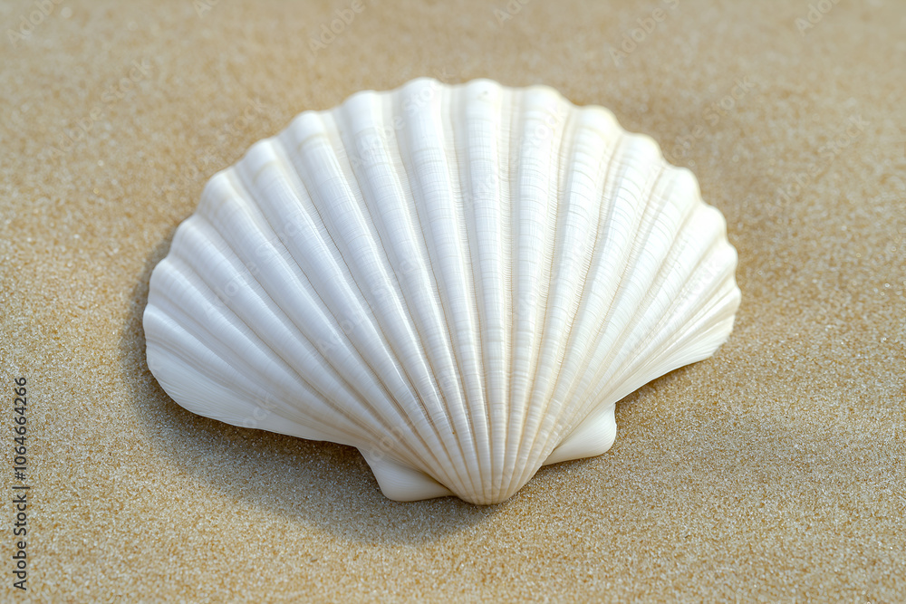 White elegant sea Jacobean scallop shell on sand. White elegant sea Jacobean scallop shell on sand.