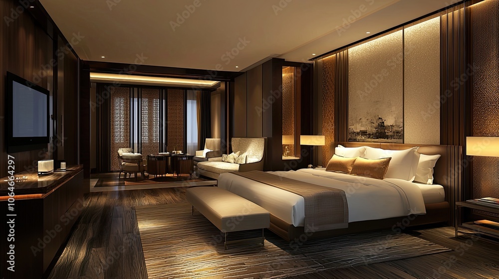 Fototapeta premium modern luxury bedroom interior design with a bed, sofa, wall mock-up, decorated in a contemporary style