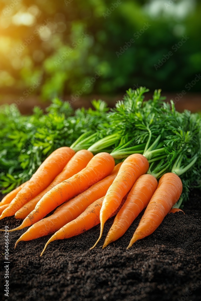 Carrots with lush green tops in soft sunlight on soil, surrounded by a natural, outdoor backdrop Carrots with lush green tops in soft sunlight on soil, surrounded by a natural, outdoor backdrop