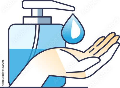 Illustration of a soap dispenser with a hand and water drop, symbolizing cleanliness.