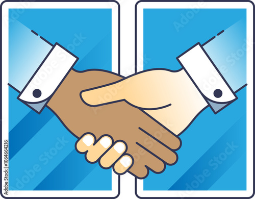 Two hands shaking through smartphones, symbolizing digital connection and collaboration.