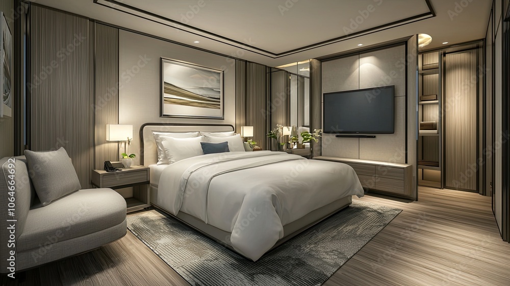 modern luxury bedroom interior design with a bed, sofa, wall mock-up, decorated in a contemporary style modern luxury bedroom interior design with a bed, sofa, wall mock-up, decorated in a contemporary style