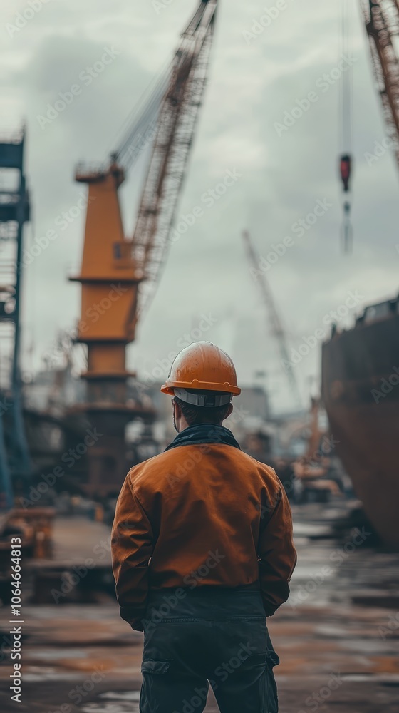 Male worker in orange jacket and hard hat observes heavy machinery at a dock. Male worker in orange jacket and hard hat observes heavy machinery at a dock.