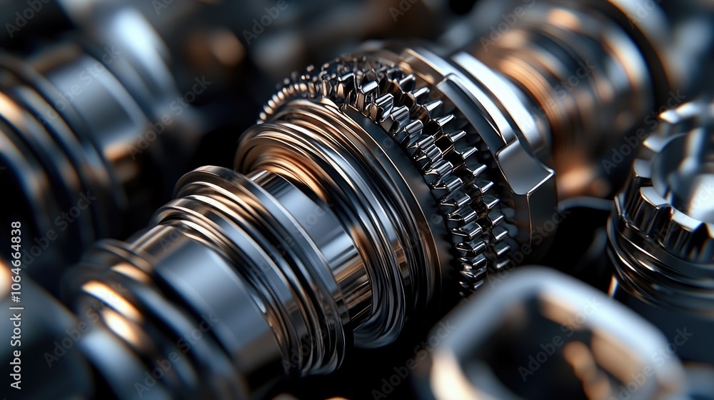 Close-Up of Metallic Gears Interlocking Precisely in a Complex Machine Close-Up of Metallic Gears Interlocking Precisely in a Complex Machine