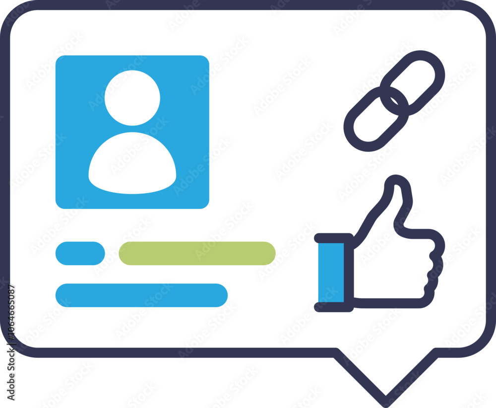 Obraz premium User comment bubble with profile icon, link, and thumbs up symbolizing interaction.
