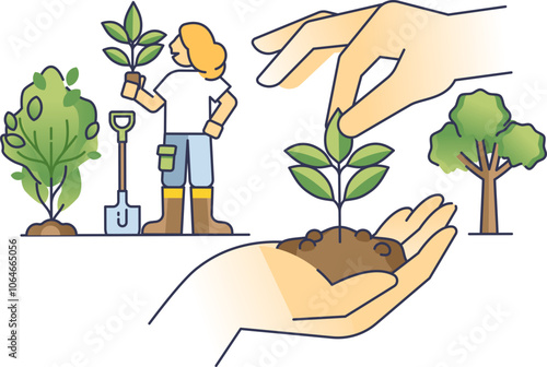 Illustration of tree planting with a young tree, watering can, and shovel.