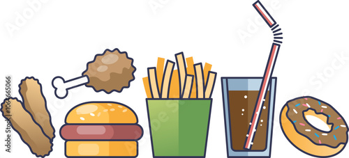 Illustration of fast food items like fries, burger, soda, and donut symbolizing unhealthy eating habits.