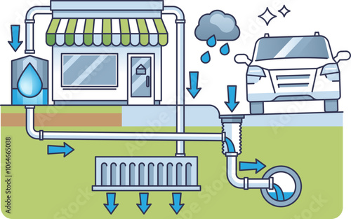 Illustration of urban storm drain system with rainwater flow, building, and car.