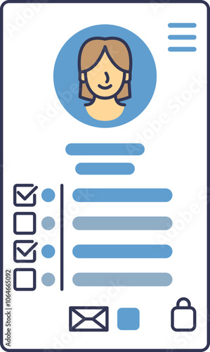 Illustration of a user profile with avatar, checklist, and icons symbolizing personal information and security.