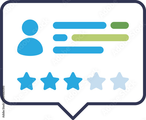 User comment bubble with rating stars, symbolizing feedback and reviews.