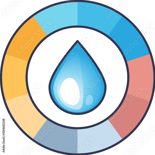 A water droplet in the center of a colorful pie chart symbolizes water distribution and resource management.