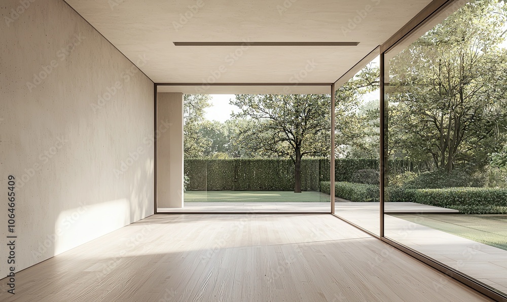 modern, empty room with a white wall and wooden floor. Minimal home interior design of a living space mock-up, with a panoramic window view to the garden landscape outside the glass door modern, empty room with a white wall and wooden floor. Minimal home interior design of a living space mock-up, with a panoramic window view to the garden landscape outside the glass door
