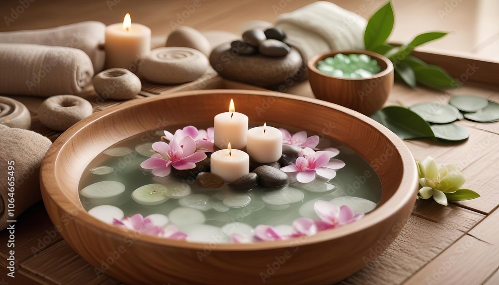 Relaxing Spa Setting with Candles and Flowers Relaxing Spa Setting with Candles and Flowers