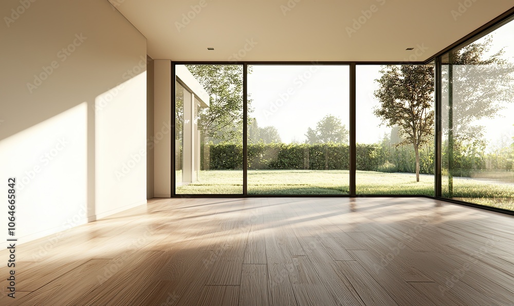 Obraz premium modern, empty room with a white wall and wooden floor. Minimal home interior design of a living space mock-up, with a panoramic window view to the garden landscape outside the glass door