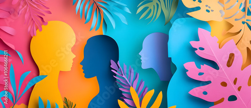 Colorful Paper Cutout Silhouettes of People with Tropical Leaves Background, Colorful Paper Cutout Silhouettes of People with Tropical Leaves