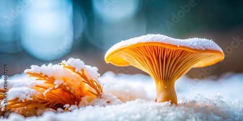 Captivating False Chanterelle Mushroom (Hygrophoropsis aurantiaca) Emerging from Winter Snow, Showcasing Nature's Resilience and the Beauty of Fungi in a Serene Winter Landscape photo