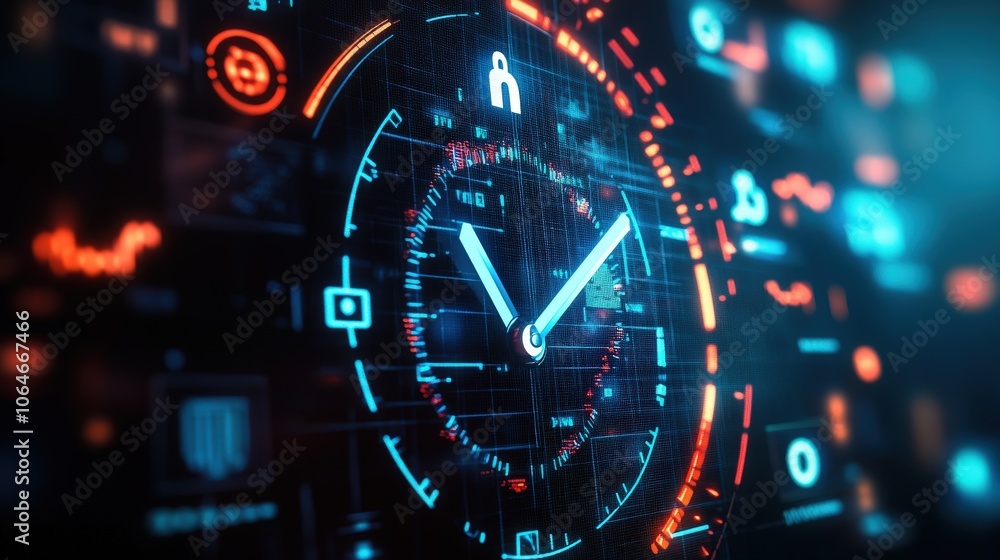 Fototapeta premium Futuristic clock face with glowing icons representing time management and productivity.