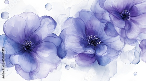 A surreal seamless border with Scattered Purple Flower Abstract Painting on White Background Playful