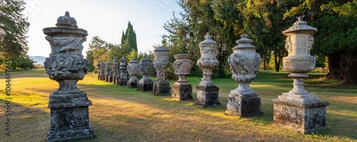 A row of ornate stone urns in a landscaped garden during sunset.