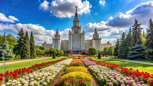 Moscow State University with flower beds on a sunny day, Moscow, Russia, university, architecture, building, landmark