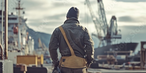 Male worker in a beanie overlooking a busy harbor with cranes in the background.