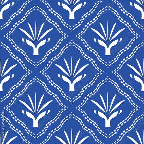 Seamless agave pattern in blue and white. Agave motif pattern, abstract floral pattern, tile design background.