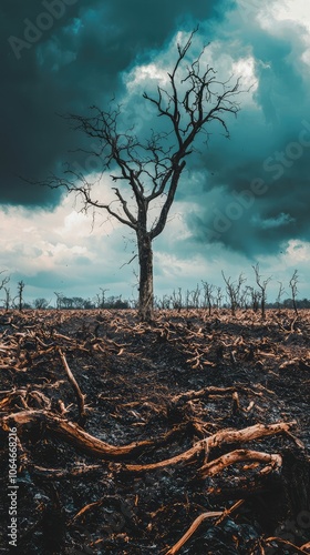 Devastated Countryside with Uprooted Trees and Scorched Earth photo