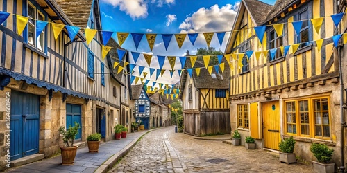 Fototapeta Naklejka Na Ścianę i Meble -  Medieval festival street with yellow blue flags and ancient half-timbered house in Provins, France , Medieval, festival