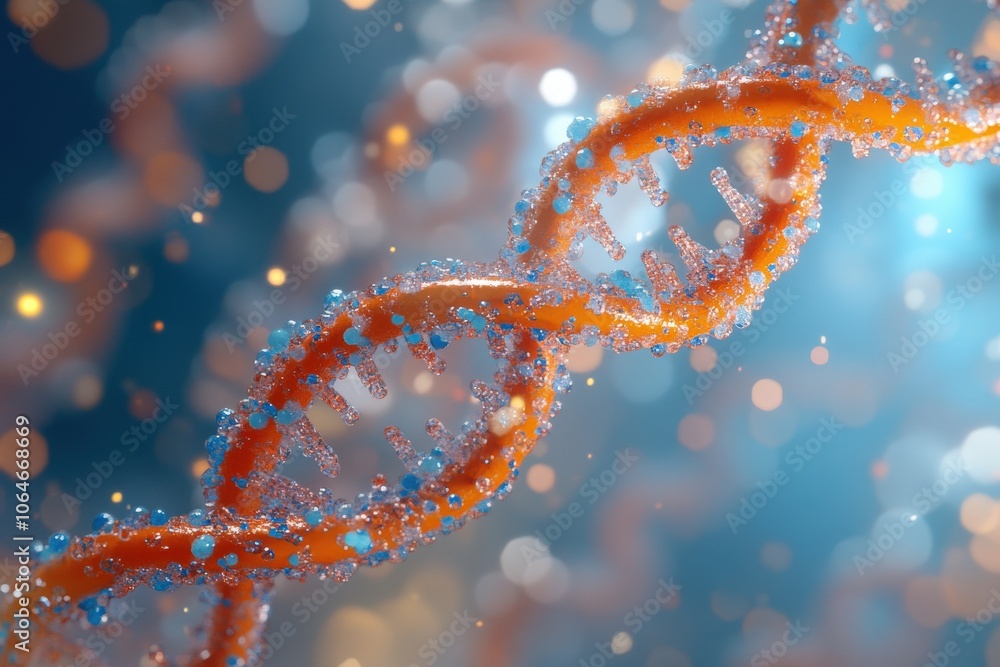 A Close-Up View of a DNA Double Helix with Blue and Orange Colors A Close-Up View of a DNA Double Helix with Blue and Orange Colors