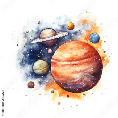 Planets in watercolor, png space, stars in the universe, solar system on transparent and white background