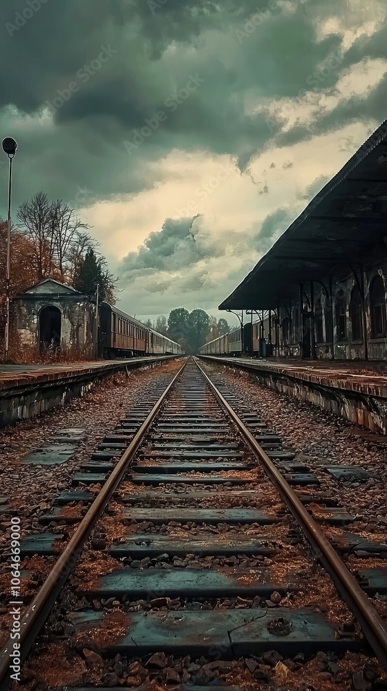 Fototapeta premium Abandoned Train Station with Rusted Tracks