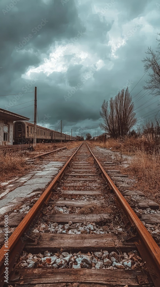 Fototapeta premium Abandoned Train Station with Rusted Tracks in Desolation