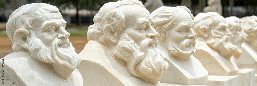 A row of marble busts representing prominent historical figures. A row of marble busts representing prominent historical figures.