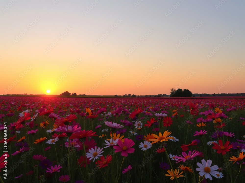 Obraz premium Sunset over a vast field of colorful cosmos flowers swaying gently in the breeze, cosmos flowers, nature photography
