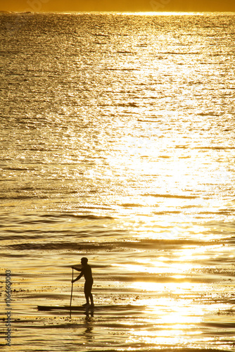 Paddle boarder at sunset on Steamer Lane, Santa Cruz, CA. photo