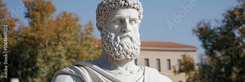 A close-up of a marble statue depicting a bearded figure against a clear blue sky.