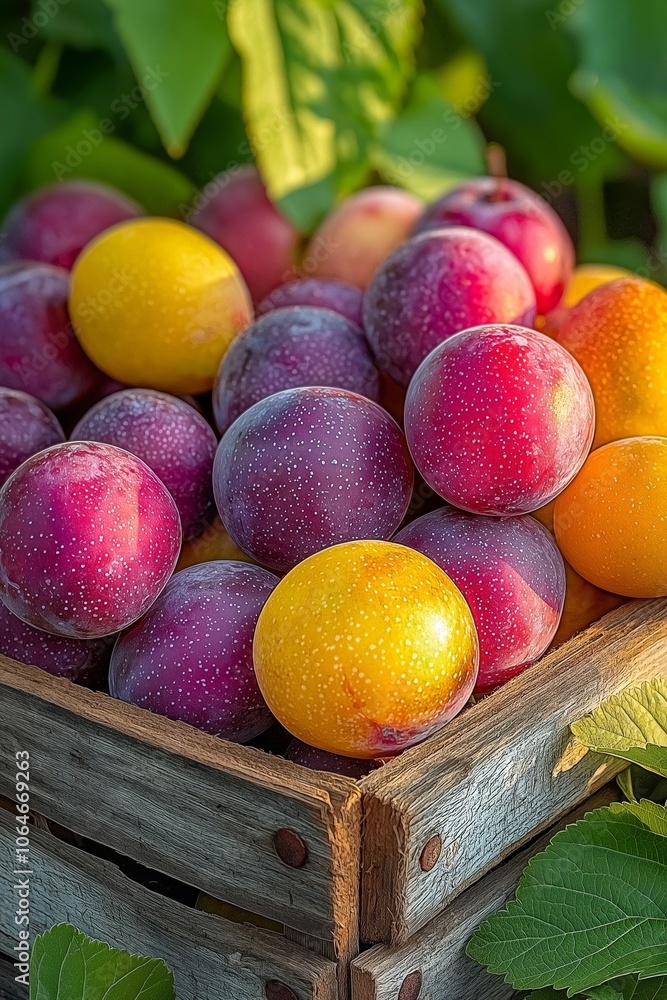 A rustic crate of fresh plums in vibrant shades of yellow and purple, surrounded by green leaves A rustic crate of fresh plums in vibrant shades of yellow and purple, surrounded by green leaves