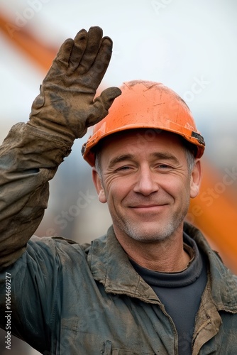 Smiling male construction worker in dirty gloves and helmet waves cheerfully. photo