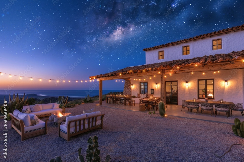 A cozy patio with a fire pit, lounge chairs and a lit house overlooking the ocean at night. AI generative. . A cozy patio with a fire pit, lounge chairs and a lit house overlooking the ocean at night. AI generative. .