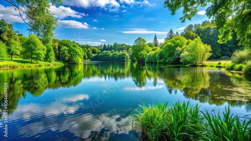 Serene lake surrounded by lush greenery and reflections of the sky , tranquil, peaceful, stillness, water, nature, reflections