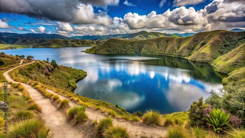 Tranquil Lake Guatavita trail in Colombian Andes wilderness landscape, Lake, Guatavita, trail photo